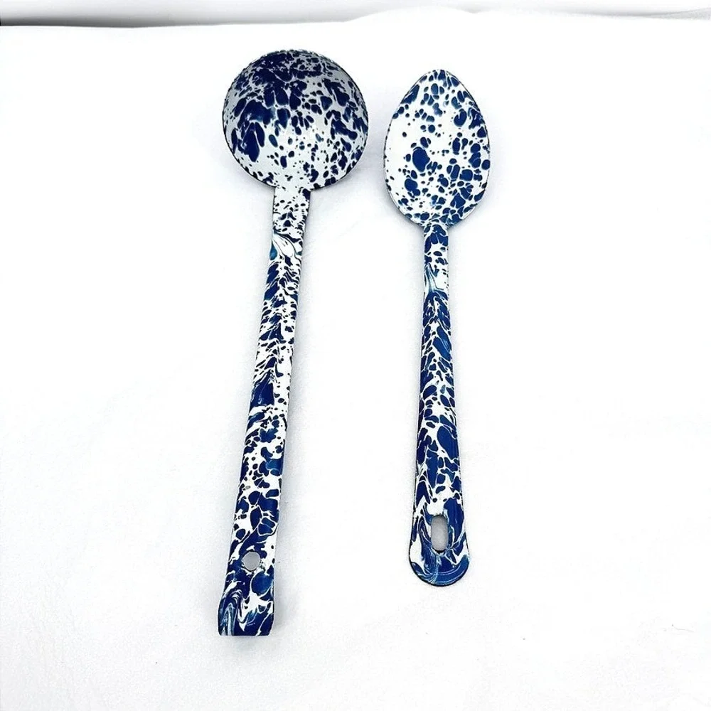 Crow Canyon Enamelware Ladle & Spoon Set Blue Marble Splatter VTG Kitchen